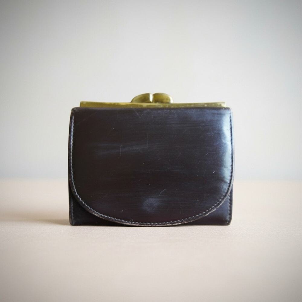 Vintage Black Leather Wallet Accordion Coin Purse Snap Flap Brass Frame